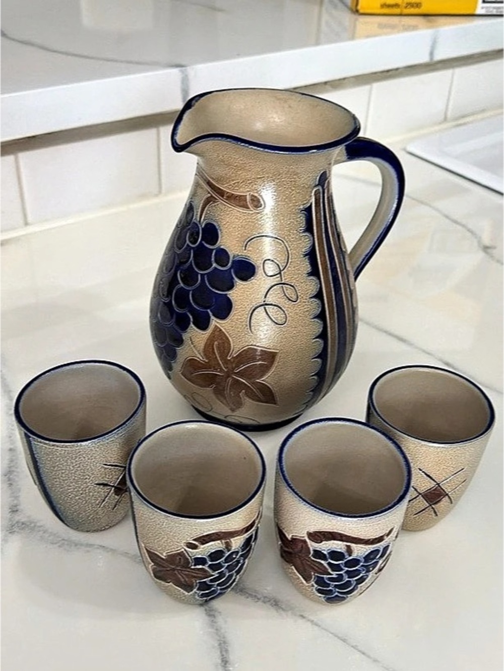 Floral Pitcher & 4 Cups in Blue & Gold